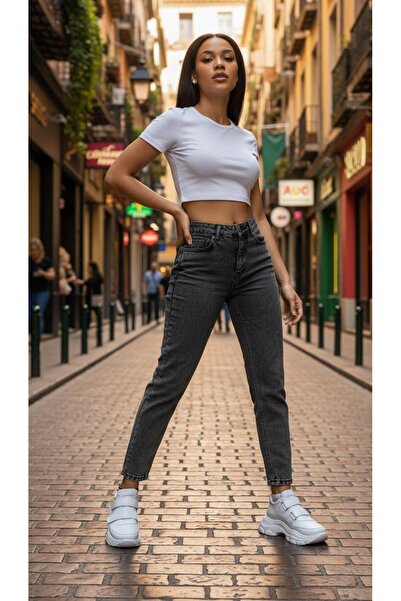 geenz manifacture Sky Stretch Fabric Flexible Snow Gray Mom Jeans Denim Trousers