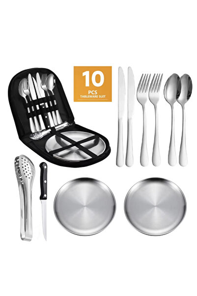 Partenya Premium Taşıma Çantalı Paslanmaz Çelik Kamp & Piknik Seti –10 Parça Gümüş Renk