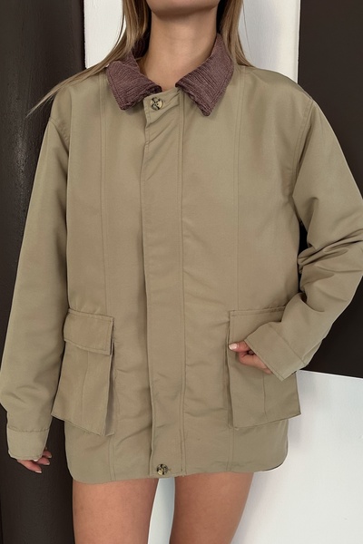 Ded COLLECTION Women's Velvet Collar Stylish Lining Detailed Zippered Double Pocket Trendy Jacket