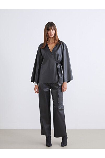 LC Waikiki Black Elastic Waist Leather Look Women's Trousers