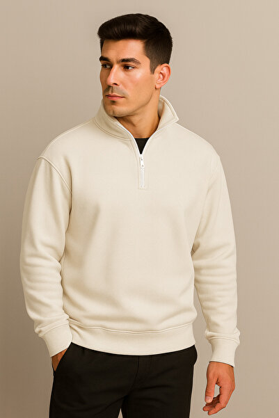 DEEPSENCE Чоловічий товстий 3-нитковий светр з прямим коміром, напівзастібкою та флісовою підкладкою