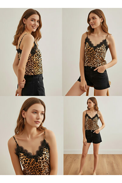 peralist Women's Leopard Lace Detailed Adjustable Ring Strap Crepe Blouse
