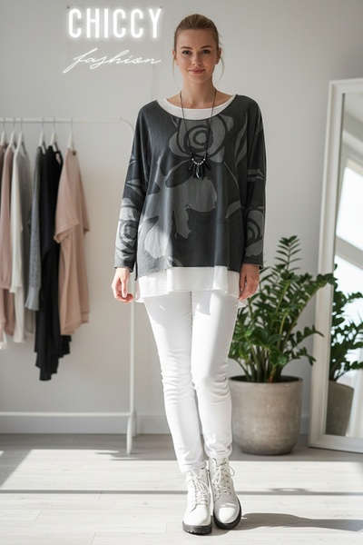 Chiccy Italian Khaki Pool Collar Long Sleeve Patterned Thin Two-Piece Set Inside Sleeveless Combed Knitwear Blouse 70 60