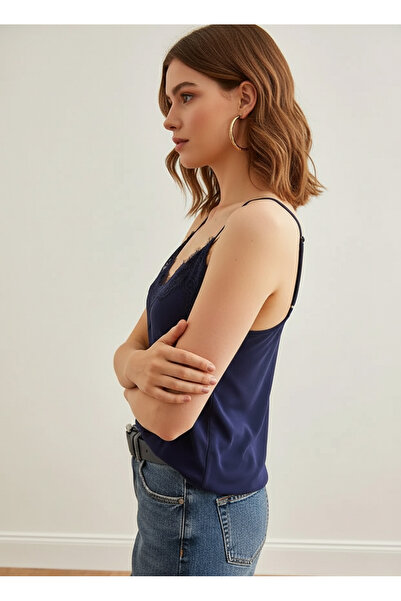 peralist Women's Navy Blue Lace Detailed Sandy Blouse with Adjustable Ring Straps