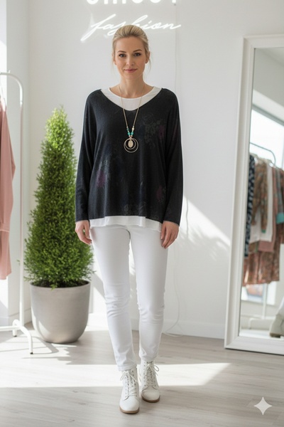 Chiccy Italian Dark Anthracite Pool Neck Long Sleeve Patterned Thin Two-Piece Set Sleeveless Combed Cotton Knitwear Blouse 70 60