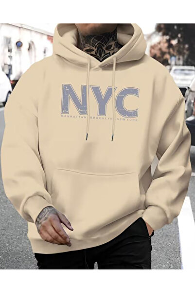caddekombin Nyc Print Detailed Hooded Sweatshirt