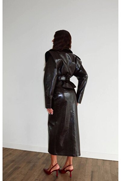 Julidress Coffee Belted Jacket and Maxi Slit Skirt Bottom Top Premium Design Shiny Leather Set