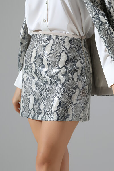 Thil Women's Leopard Sequined Basic Mini Skirt 2448-Thl