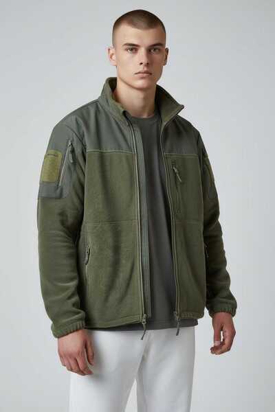 kacaraskerigiyim ERKEK POLAR HAKİ TAKTİK CEPLİ MEVSİMLİK CEKET OUTDOOR