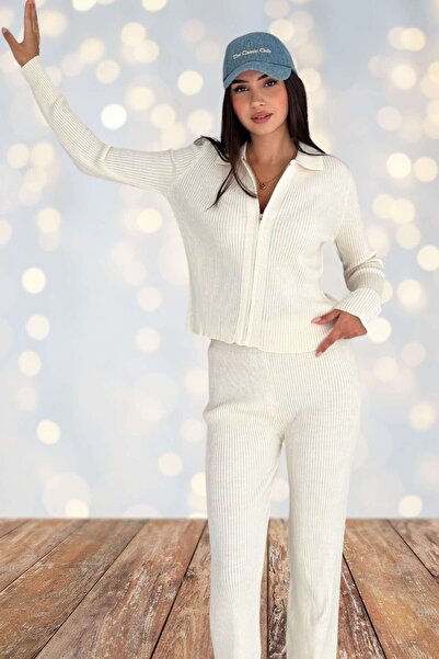 Moda Amore Ribbed Knitwear Sporty Stylish Tracksuit Style Two-Piece Set (Zippered Cardigan and Comfortable Pants) 66003