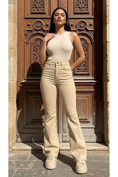 geenz manifacture Beige Women's Oskar Stretch Fabric High Waist Stretchy Flared Jeans Trousers