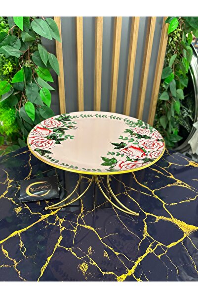 ARS HOME DEKOR Glass Design Metal Leg Presentation Plate, Moon-Shaped Metal Leg and Decorative Glass Rose Pattern on Top