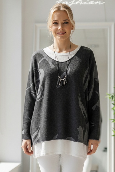 Chiccy Italian Anthracite Pool Neck Long Sleeve Patterned Thin Two-Piece Set Sleeveless Combed Cotton Knitwear Blouse 70 60