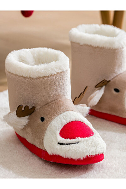 LC Waikiki Γυναικείες μπότες μπεζ-κόκκινο-λευκό βελούδινο σπίτι - Κεντημένο ελάφι