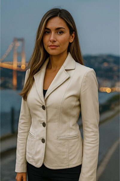 HMO Store Krem Klasik Özel Tasarım Premium Hakiki Deri Ceket