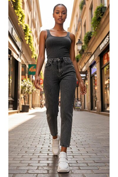 geenz manifacture Sky Stretch Fabric Flexible Snow Gray Mom Jeans Denim Trousers