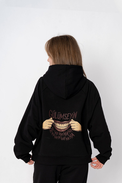 Broco Unisex Oversize Kapüşonlu Baskılı Gülümseyin Sweatshirt