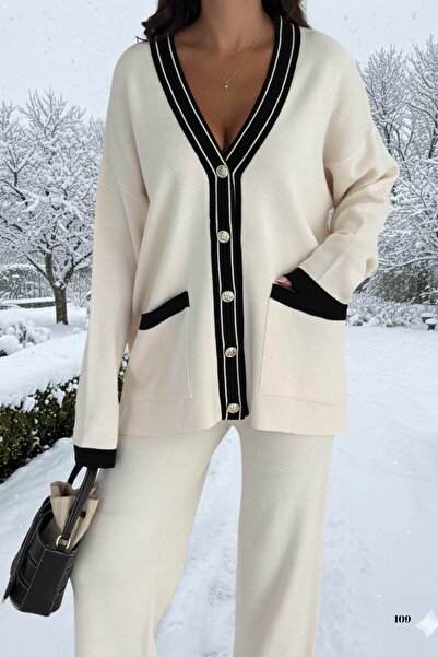WOMAN VISION Women's Knitwear Double Set - Cardigan with 2 Front Metal Buttons and Wide Leg Pants Set Lap-002