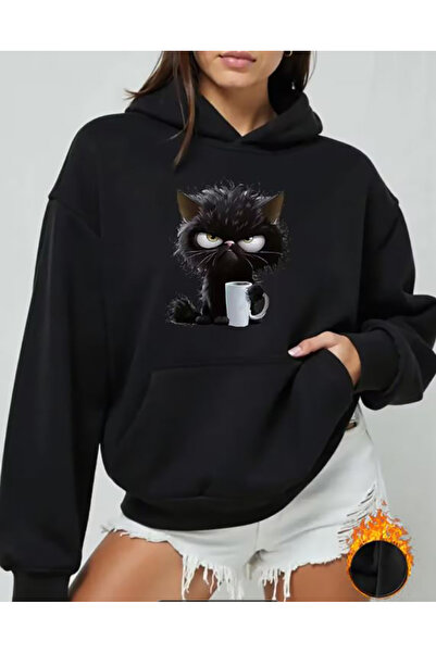 herkesemoda Φούτερ με κουκούλα με λεπτομέρεια εκτύπωσης γάτας