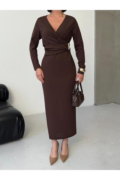 aytenli Φόρεμα διπλό πέτο με μακρύ μανίκι με κορδόνι που δένει το καπίστρι, με λεπτομέρεια στη μέση και λεπτομέρεια στο πίσω μέρος, μεγάλου μεγέθους άνοιγμα Maxi φόρεμα από κρεπ