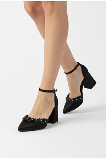 ŞAH حذاء سهرة بكعب سميك منخفض 5 سم مصنوع من حجر اللؤلؤ