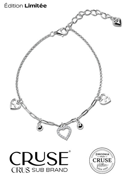 Cruse 925 Ayar Gümüş Zarif Kalp Charm Bileklik 18K Beyaz Altın Kaplama