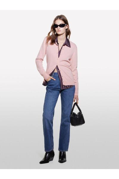 Sisley Kdn_Wool and Cashmere Blend Ribbed Detailed Crew Neck Cardigan Women's Nude Cardigan - 324A102Hm5237