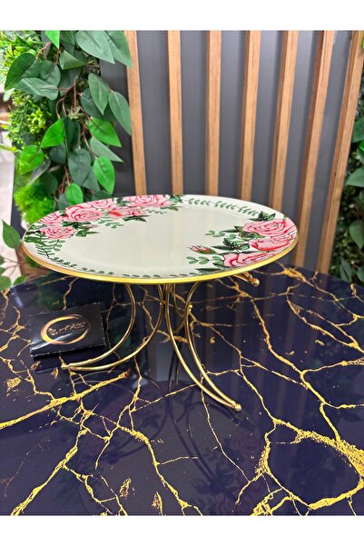 ARS HOME DEKOR Glass Design Metal Leg Presentation Plate, Moon-Shaped Metal Leg and Decorative Glass Rose Pattern on Top