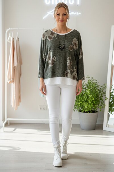 Chiccy Italian Khaki Pool Collar Long Sleeve Patterned Thin Two-Piece Set Inside Sleeveless Combed Knitwear Blouse 70 60