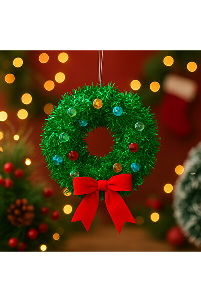 novahs Renkli Boncuklu Yılbaşı Kapı Süsü – Yeşil Çam Halkası & Kırmızı Kurdele Dekoratif Çelenk