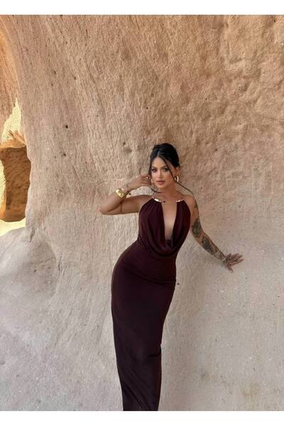 aytenli Degaje Draped Gold Accessory V-Neck Backless Side Ruched Side Slit Lined Long Dress