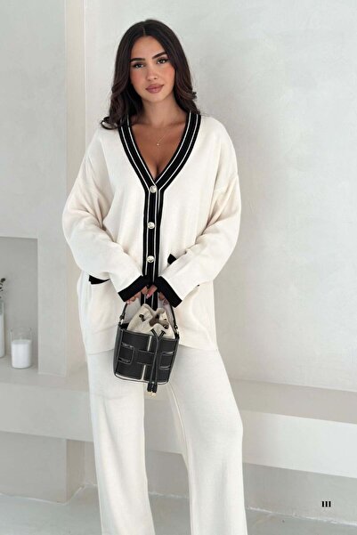 lovebox Knitwear Double Set - V-Neck Metal Button Detailed Cardigan and Trouser Set Stylish Design 002
