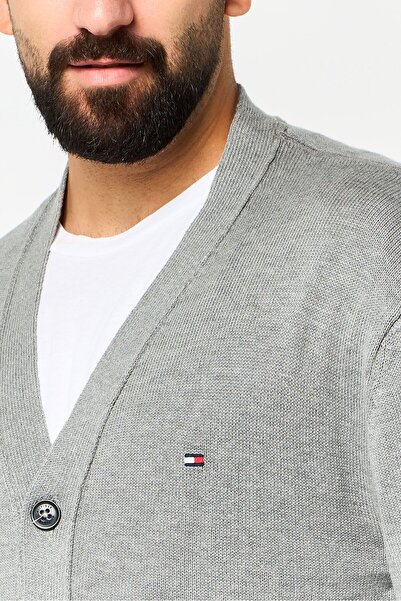 Tommy Hilfiger Men V Neck Embroidered Logo Cardigan, Grey