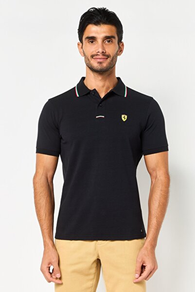 Scuderia Ferrari Men Regular Fit Brand Logo Short Sleeve Polo Shirt, Black
