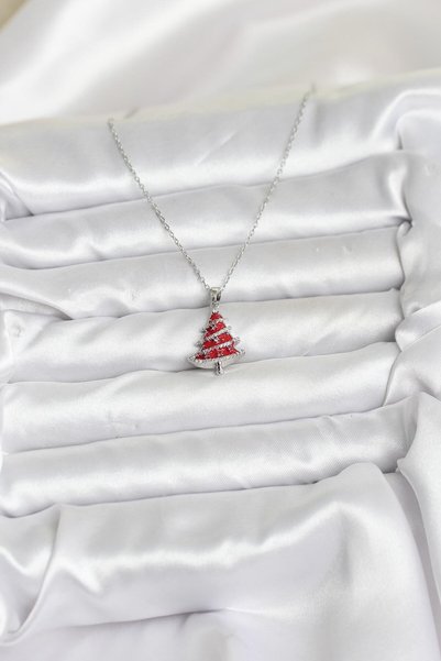 ForWhat Silver Steel Chain Red Pine Tree Christmas Theme Women's Necklace for...