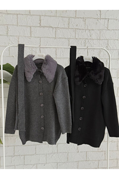 EsareModa Women's Black+ Anthracite Colored Set of 2 Cardigans with Collar De...