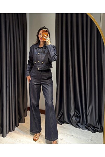 sinemkivanc co Vatkalı Gold Düğmeli Premium Denim Kot Takım