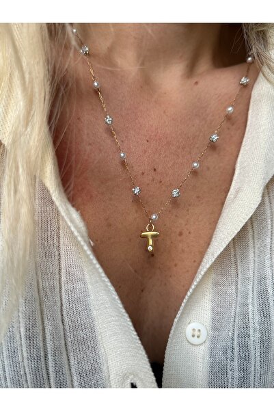 Rossetto Atelier Paslanmaz Çelik T Harfli İncili Zincirli Merci Kolye