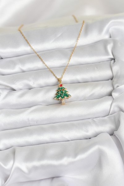 ForWhat Golden Steel Chain Pine Tree Christmas Theme Women's Necklace for Ele...