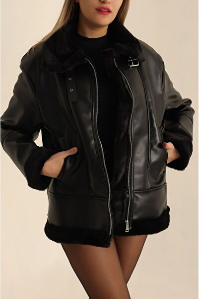 moda armanc Women's Faux Leather Black Fur Coat – Leather Jacket with Plush Inner Lining