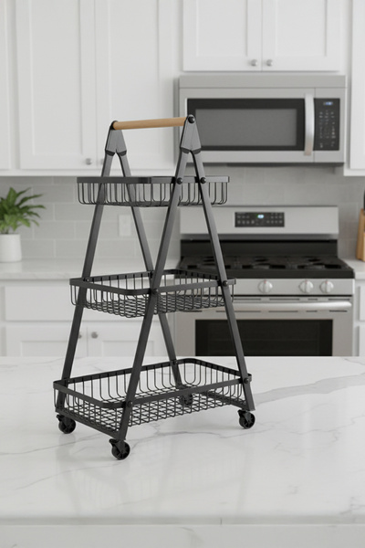 Vadi 3 Katlı Tekerlekli Metal Mutfak Organizer Sepet | Sebzelik, Meyvelik, Ki...