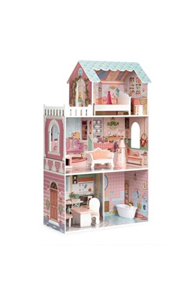 Ecotoys Casă de păpuși din lemn, mobilier, 3 etaje, roz KID000197