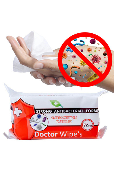 DOCTOR WIPES Servetele umede Antibacteriene pentru maini si suprafete cu Aviz Biocid - Dr. Wipes 72 bucati
