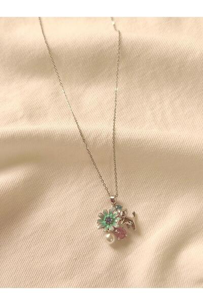 Melanj Craft Çiçekli Kedili Sembollü Çelik Kolye - Silver