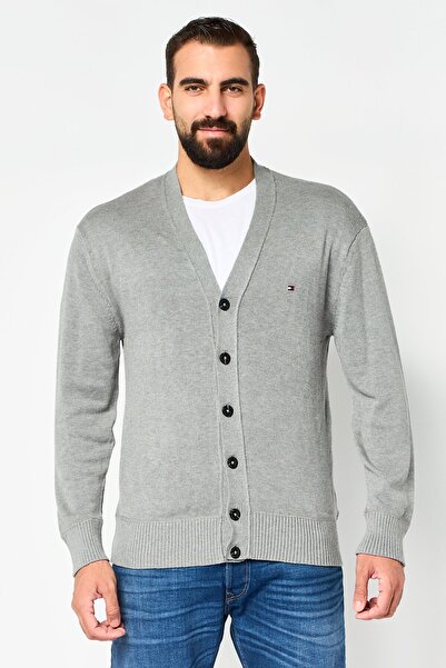 Tommy Hilfiger Men V Neck Embroidered Logo Cardigan, Grey