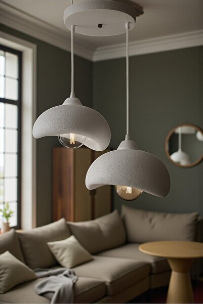 Dropcek eticaret İkili Beyaz Beton Görünümlü Modern Sarkıt Avize, Vegan, Toz ...