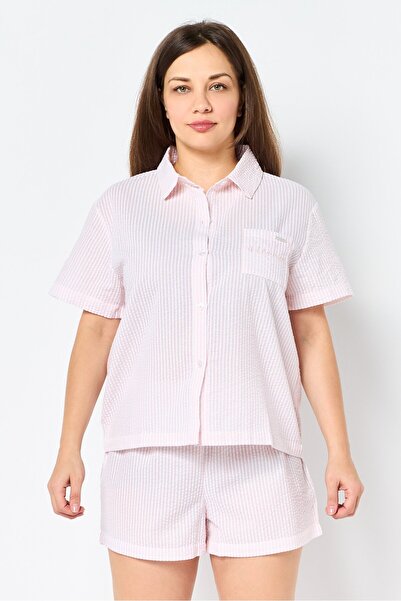 Rae dunn Women 2 Pieces Spread Collar Embroidered Short Sleeve Pajama Set, Mu...