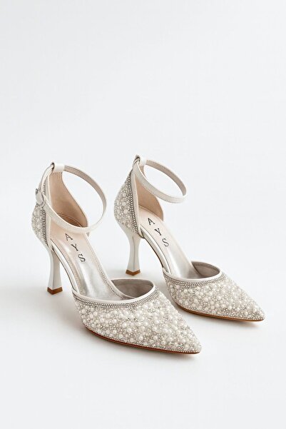 AYS SHOES أحذية نسائية مطرزة بالأحجار واللؤلؤ مع حزام للكاحل، أحذية زفاف وخطوبة للفتيات، أحذية سهرة بكعب عالي