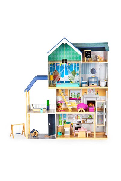 Ecotoys Casă de păpuși, Maya, din lemn, 3 etaje, terasă, mobilier, multicolor...
