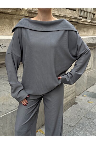 Chiccy Gray Turn-Down Collar Long Sleeve Elastic Waist Wide Leg Velvet Oversized Knitted Bottom Top Set 70-105 65-68